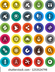 White Solid Icon Set- thermometer vector, drawing compass, atom, telescope, magnet, flask, pills, molecule, oxygen, satellite, antenna, vial, dna, microscope, drop counter, ovule