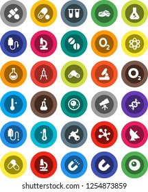 White Solid Icon Set- thermometer vector, drawing compass, atom, telescope, microscope, magnet, flask, pills, molecule, oxygen, satellite, antenna, vial, dna, drop counter, ovule