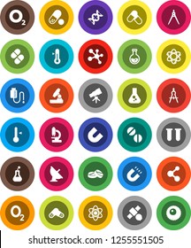 White Solid Icon Set- thermometer vector, drawing compass, atom, telescope, microscope, magnet, flask, pills, molecule, oxygen, satellite, antenna, vial, dna, drop counter, ovule