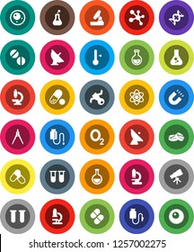 White Solid Icon Set- thermometer vector, drawing compass, atom, telescope, microscope, magnet, flask, pills, molecule, oxygen, satellite, antenna, vial, dna, drop counter, ovule