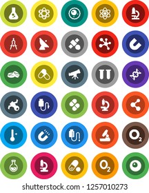 White Solid Icon Set- thermometer vector, drawing compass, atom, telescope, microscope, magnet, flask, pills, molecule, oxygen, satellite, antenna, vial, dna, drop counter, ovule