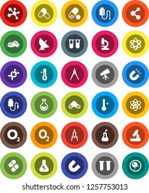 White Solid Icon Set- thermometer vector, drawing compass, atom, telescope, microscope, magnet, flask, pills, molecule, oxygen, satellite antenna, vial, dna, drop counter, ovule