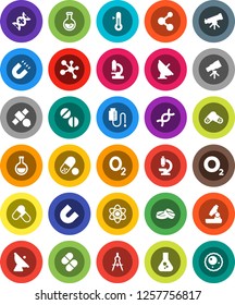 White Solid Icon Set- thermometer vector, drawing compass, atom, telescope, microscope, magnet, flask, pills, molecule, oxygen, satellite, antenna, dna, drop counter, ovule
