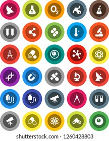 White Solid Icon Set- thermometer vector, drawing compass, atom, telescope, microscope, magnet, flask, pills, molecule, oxygen, satellite, antenna, vial, dna, drop counter, ovule