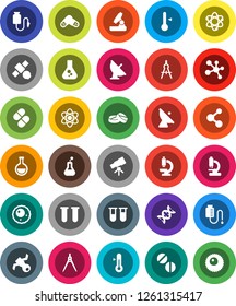 White Solid Icon Set- thermometer vector, drawing compass, atom, telescope, microscope, flask, molecule, satellite, antenna, vial, dna, pills, drop counter, ovule