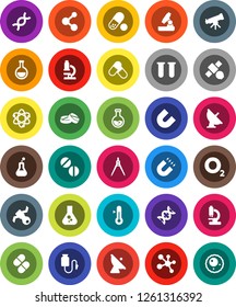 White Solid Icon Set- thermometer vector, drawing compass, atom, telescope, microscope, magnet, flask, pills, molecule, oxygen, satellite, antenna, vial, dna, drop counter, ovule