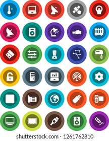 White Solid Icon Set- thermometer vector, table lamp, laptop graph, earth, satellite, antenna, video camera, speaker, stop button, hdmi, tomography, network, gear, equalizer, lan connector, unlock