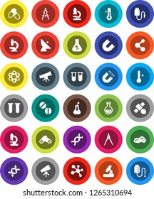 White Solid Icon Set- thermometer vector, drawing compass, atom, telescope, microscope, magnet, flask, pills, molecule, satellite, antenna, vial, dna, drop counter