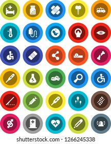 White Solid Icon Set- thermometer vector, flask, molecule, disabled, heart pulse, eye, gender sign, magnifier, pregnancy, syringe, crutches, scalpel, broken bone, patch, pills, bottle, doctor hat