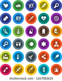 White Solid Icon Set- thermometer vector, pills vial, molecule, heart cross, ambulance star, magnifier, insemination, dropper, scissors, scalpel, broken bone, patch, stethoscope, microbs, bandage
