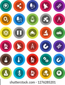White Solid Icon Set- thermometer vector, drawing compass, atom, microscope, magnet, flask, pills, molecule, oxygen, satellite, antenna, vial, dna, drop counter, ovule
