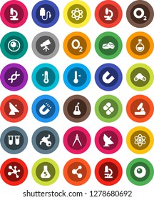 White Solid Icon Set- thermometer vector, drawing compass, atom, telescope, microscope, magnet, flask, molecule, oxygen, satellite, antenna, vial, dna, pills, drop counter, ovule