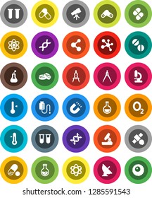 White Solid Icon Set- thermometer vector, drawing compass, atom, telescope, microscope, magnet, flask, pills, molecule, oxygen, satellite, antenna, vial, dna, drop counter, ovule