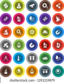 White Solid Icon Set- thermometer vector, drawing compass, atom, telescope, microscope, magnet, flask, pills, molecule, oxygen, satellite, antenna, vial, dna, drop counter, ovule
