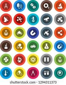 White Solid Icon Set- thermometer vector, drawing compass, atom, telescope, microscope, magnet, flask, pills, molecule, oxygen, satellite, antenna, vial, drop counter, ovule