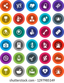 White Solid Icon Set- thermometer vector, flask, pills, molecule, heart cross, first aid kit, disabled, pulse, gender sign, dna, scissors, broken bone, patch, mortar, eye doctor hat, microscope