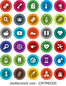 White Solid Icon Set- thermometer vector, flask, heart pulse, molecule, first aid kit, oxygen, vial, magnifier, pregnancy, syringe, dropper, crutches, broken bone, sand clock, pills blister, mortar
