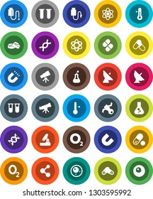 White Solid Icon Set- thermometer vector, atom, telescope, microscope, magnet, flask, pills, molecule, oxygen, satellite, antenna, vial, dna, drop counter, ovule