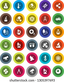 White Solid Icon Set- thermometer vector, drawing compass, atom, telescope, microscope, flask, pills, molecule, oxygen, satellite, antenna, vial, dna, drop counter, ovule