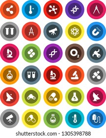White Solid Icon Set- thermometer vector, drawing compass, atom, telescope, microscope, magnet, flask, pills, molecule, oxygen, satellite, antenna, vial, dna, drop counter