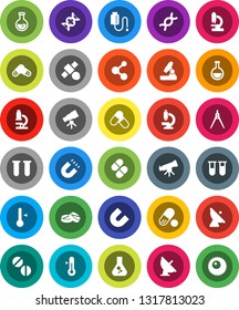 White Solid Icon Set- thermometer vector, drawing compass, telescope, microscope, magnet, flask, pills, molecule, satellite, antenna, vial, dna, drop counter, ovule