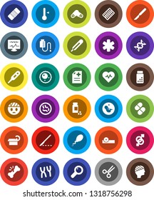 White Solid Icon Set- thermometer vector, heart pulse, pills vial, ambulance star, gender sign, dna, magnifier, pregnancy, scissors, scalpel, broken bone, patch, blister, eye doctor hat, microbs