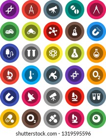 White Solid Icon Set- thermometer vector, drawing compass, atom, telescope, microscope, magnet, flask, pills, molecule, oxygen, satellite, antenna, vial, dna, drop counter, ovule