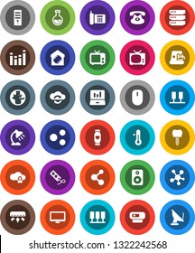 White Solid Icon Set- thermometer vector, table lamp, world, flask, laptop graph, molecule, heart monitor, phone, tv, equalizer, classic, social media, speaker, tooth implant, server, cloud exchange