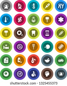 White Solid Icon Set- thermometer vector, flask, pills vial, oxygen, ambulance star, disabled, gender sign, insemination, syringe, crutches, sand clock, blister, mortar, microscope, microbs, potion