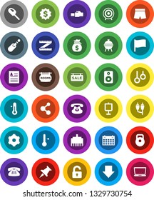 White Solid Icon Set- thermometer vector, bbq, presentation, personal information, flag, money bag, arrow down, dollar medal, measuring, weight, shorts, target, molecule, calendar, gymnast rings