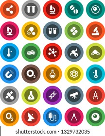 White Solid Icon Set- thermometer vector, drawing compass, atom, telescope, microscope, magnet, flask, pills, molecule, oxygen, satellite, antenna, vial, dna, drop counter, ovule