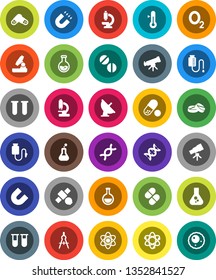 White Solid Icon Set- thermometer vector, drawing compass, atom, telescope, microscope, magnet, flask, pills, oxygen, satellite, antenna, vial, dna, drop counter, ovule