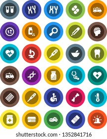 White Solid Icon Set- thermometer vector, pills vial, disabled, heart pulse, cross, dna, magnifier, broken bone, patch, stethoscope, bottle, blister, mortar, microscope, microbs, chromosomes, tooth