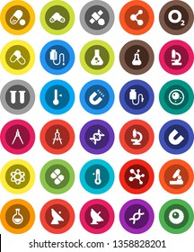 White Solid Icon Set- thermometer vector, drawing compass, atom, microscope, magnet, flask, pills, molecule, oxygen, satellite, antenna, vial, dna, drop counter, ovule