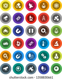 White Solid Icon Set- thermometer vector, drawing compass, atom, telescope, microscope, magnet, flask, pills, oxygen, satellite, antenna, vial, dna, drop counter, ovule