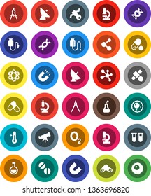 White Solid Icon Set- thermometer vector, drawing compass, atom, telescope, microscope, magnet, pills, molecule, oxygen, satellite, antenna, flask, vial, dna, drop counter, ovule