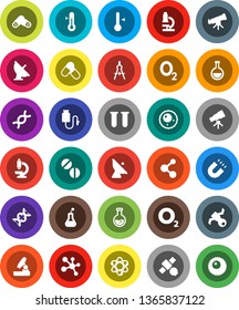 White Solid Icon Set- thermometer vector, drawing compass, atom, telescope, microscope, magnet, flask, pills, molecule, oxygen, satellite, antenna, vial, dna, drop counter, ovule