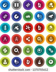 White Solid Icon Set- thermometer vector, drawing compass, telescope, microscope, magnet, flask, pills, molecule, oxygen, satellite, vial, dna, drop counter, ovule