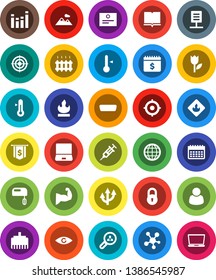 White Solid Icon Set- thermometer vector, book, certificate, target, dollar flag, calendar, muscule hand, tulip, flammable, equalizer, notebook pc, social media, hdmi, eye, syringe, lan connector