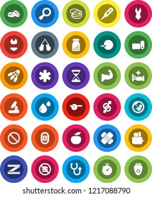 White Solid Icon Set- toaster vector, microscope, diet, measuring, stopwatch, muscule hand, boxing glove, swimsuite, fitness mat, shuttlecock, prohibition sign, no fastfood, hoop, stadium, gender