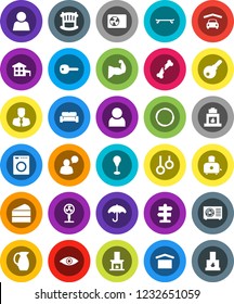 White Solid Icon Set- toaster vector, jug, cake, manager, punching bag, muscule hand, skateboard, hoop, gymnast rings, signpost, umbrella, dry cargo, speaking man, eye, broken bone, user, key, crib