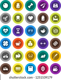 White Solid Icon Set- toaster vector, barbell, scales, pills vial, bike, hand trainer, horizontal bar, fitball, muscule, buttocks, heart monitor, fitness mat, breads, bone, hoop, weight, pulse