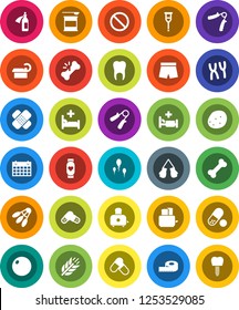 White Solid Icon Set- toaster vector, potato, measuring, hand trainer, fitball, boxing glove, shorts, pills, sports nutrition, heart monitor, calendar, cereals, shuttlecock, prohibition sign, bone