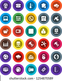 White Solid Icon Set- toaster vector, thermometer, notebook pc, world, laptop graph, molecule, satellite, satellitie, equalizer, classic phone, stop button, dna, tomography, connection, cloud lock