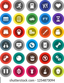 White Solid Icon Set- toaster vector, diet, clipboard, horizontal bar, fitball, boxing glove, shorts, swimsuite, sports nutrition, enegry drink, heart monitor, calendar, no alcohol sign, bone, run