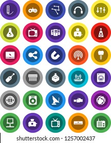 White Solid Icon Set- toaster vector, magnet, world, flask, package, antenna, tv, settings, headphones, notebook pc, jack, tooth implant, connection, network, server, hub, lan connector, share