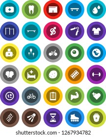 White Solid Icon Set- toaster vector, potato, barbell, clipboard, bike, hand trainer, horizontal bar, muscule, boxing glove, shorts, t shirt, roller Skates, skateboard, shuttlecock, first aid kit