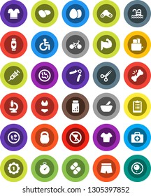 White Solid Icon Set- toaster vector, egg, potato, stopwatch, clipboard, pills vial, bike, weight, hand trainer, muscule, shorts, swimsuite, t shirt, medal, heart monitor, pool, no alcohol sign