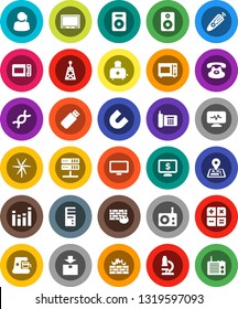 White Solid Icon Set- toaster vector, microwave oven, microscope, magnet, monitor dollar, navigator, phone, support, package, radio, antenna, equalizer, remote control, classic, speaker, dna, tv