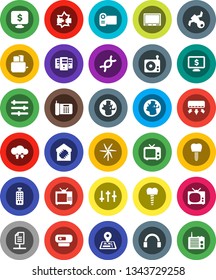 White Solid Icon Set- toaster vector, world, monitor dollar, navigator, earth, satellite, radio, tv, settings, remote control, headphones, dna, tooth implant, disconnection, cloud exchange, server